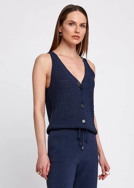 Örgü Detaylı Düğmeli Kolsuz Lacivert Triko Üst - 4