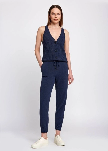 Örgü Detaylı Düğmeli Kolsuz Lacivert Triko Üst - 5