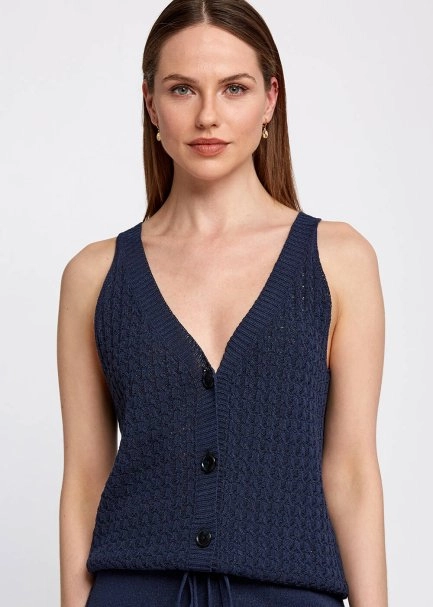 Örgü Detaylı Düğmeli Kolsuz Lacivert Triko Üst - 6