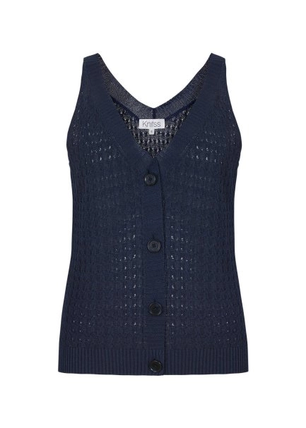 Örgü Detaylı Düğmeli Kolsuz Lacivert Triko Üst - 8