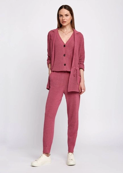 Örgü Detaylı Düğmeli Kolsuz Pembe Triko Üst - 5