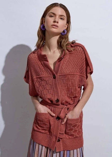 Örgü Detaylı Keten Pembe Triko Hırka - 2