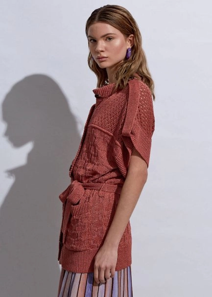 Örgü Detaylı Keten Pembe Triko Hırka - 5