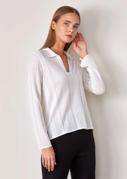 Örgü Detaylı Merino Yün Ekru Triko Üst - 4