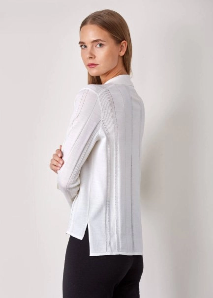 Örgü Detaylı Merino Yün Ekru Triko Üst - 7