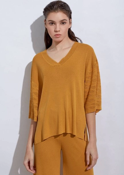 Örgü Detaylı Oversıze Sarı Triko Üst - 1