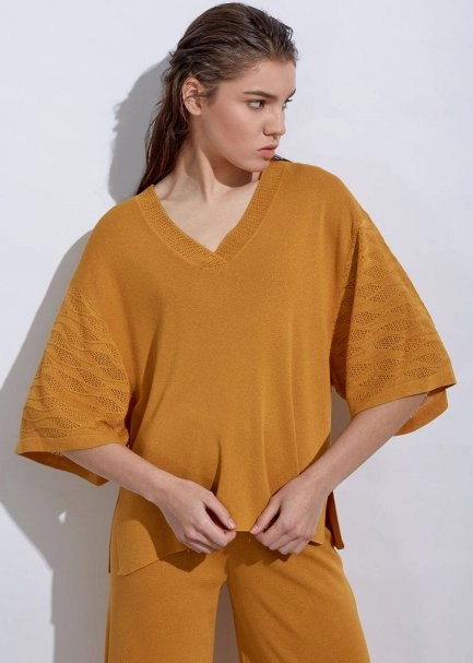 Örgü Detaylı Oversıze Sarı Triko Üst - 2