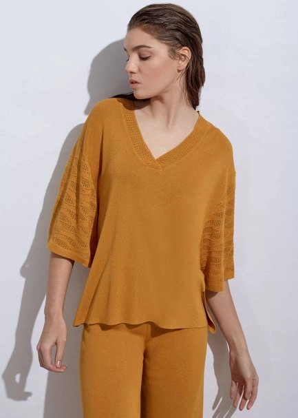 Örgü Detaylı Oversıze Sarı Triko Üst - 3