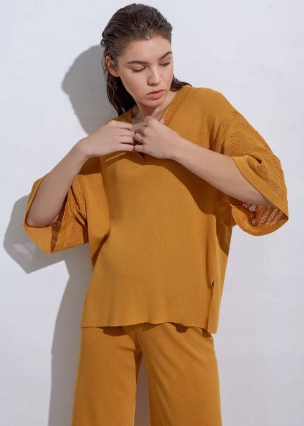 Örgü Detaylı Oversıze Sarı Triko Üst - 4