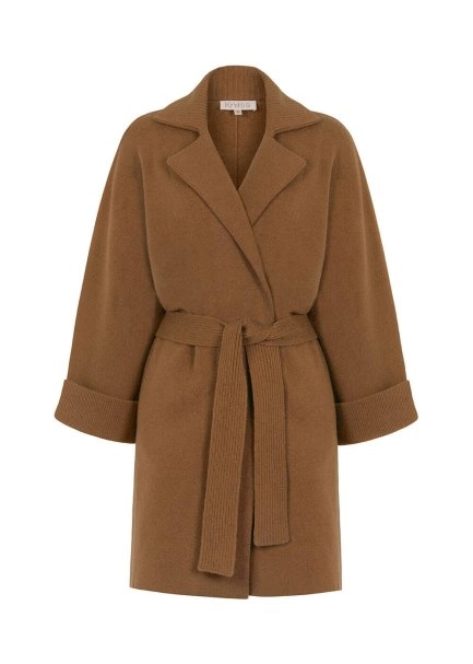 Oversıze Kuşaklı Kaşmir Camel Triko Kaban - 6