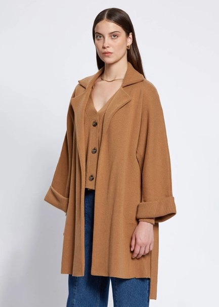 Oversıze Kuşaklı Kaşmir Camel Triko Kaban - 3