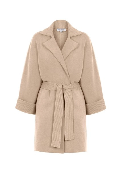 Oversıze Kuşaklı Kaşmir Krem Rengi Triko Kaban - 6