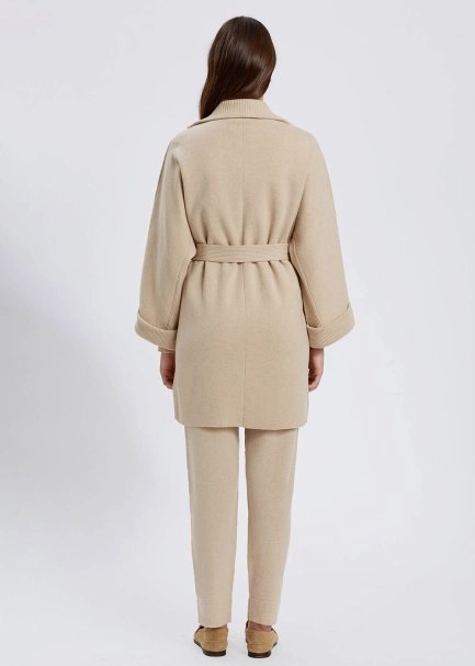 Oversıze Kuşaklı Kaşmir Krem Rengi Triko Kaban - 5