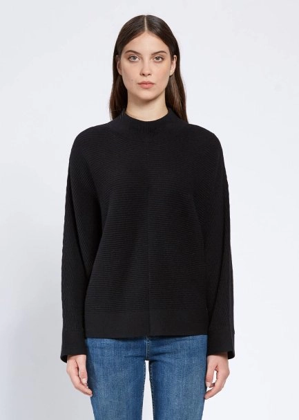 Oversize Mock Neck Black Cashmere Knit Sweater - 1