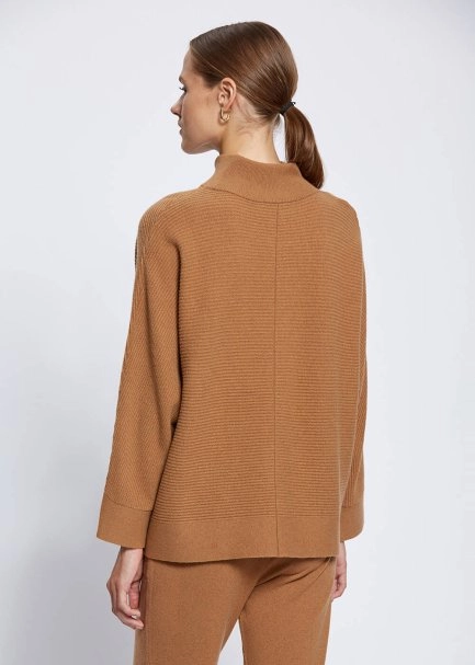Oversize Mock Neck Camel Cashmere Knit Sweater - 4
