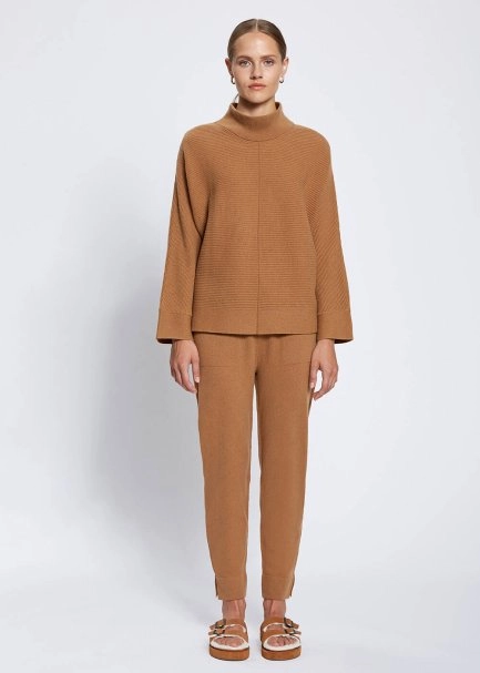 Oversize Mock Neck Camel Cashmere Knit Sweater - 2