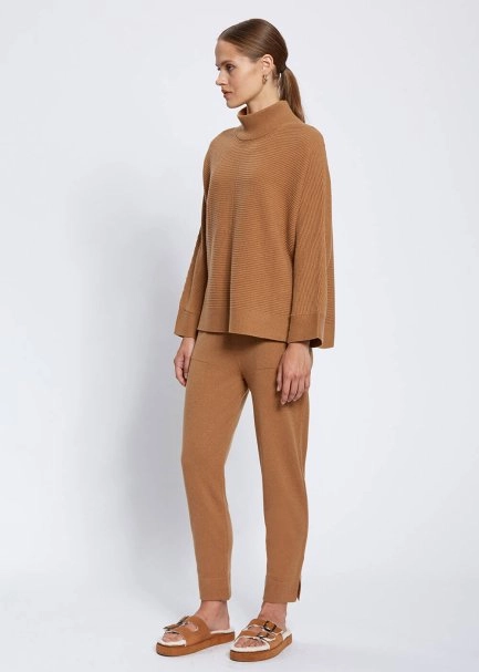 Oversize Mock Neck Camel Cashmere Knit Sweater - 3
