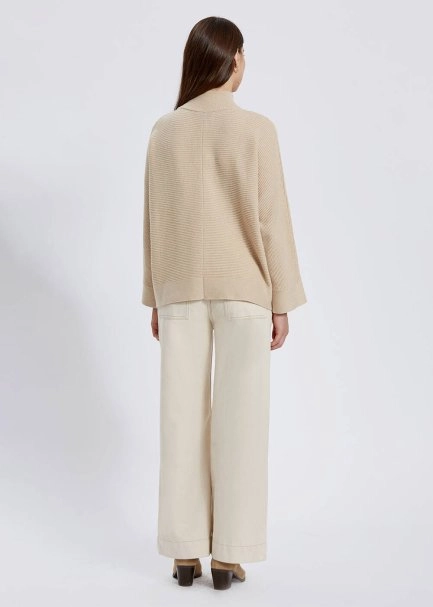 Oversize Mock Neck Cream Cashmere Knit Sweater - 5