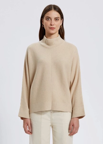 Oversize Mock Neck Cream Cashmere Knit Sweater - 1