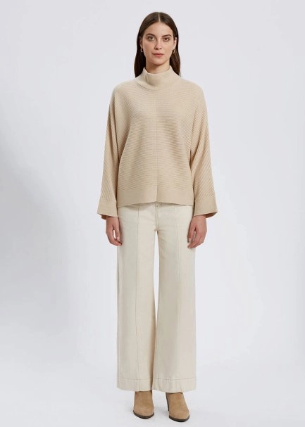 Oversize Mock Neck Cream Cashmere Knit Sweater - 2