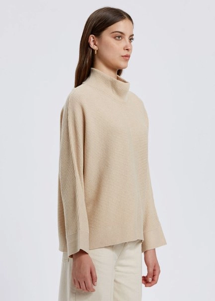 Oversize Mock Neck Cream Cashmere Knit Sweater - 3