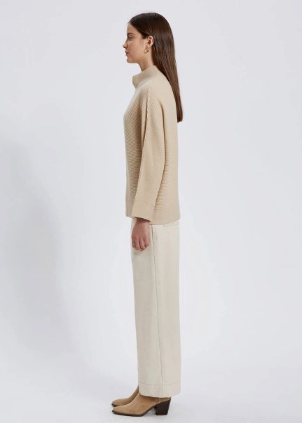 Oversize Mock Neck Cream Cashmere Knit Sweater - 4