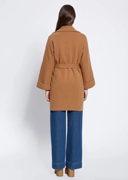 Oversize Self Belted Cashmere Camel Knit Coat - 5