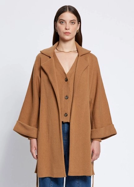 Oversize Self Belted Cashmere Camel Knit Coat - 1