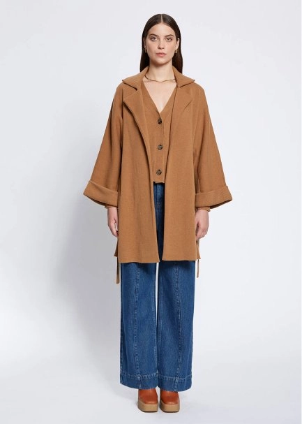 Oversize Self Belted Cashmere Camel Knit Coat - 2