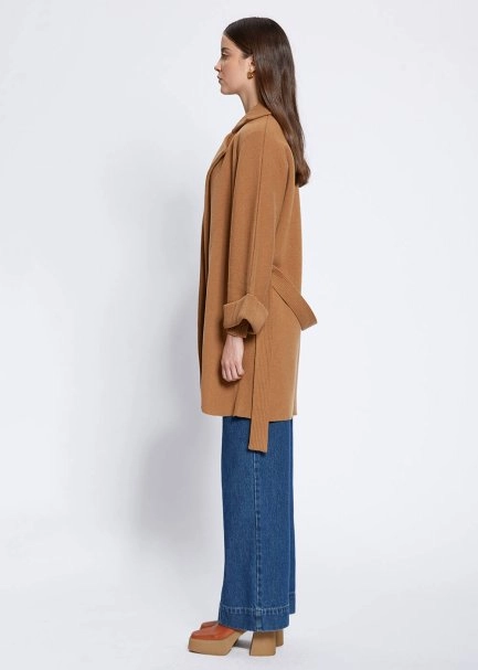 Oversize Self Belted Cashmere Camel Knit Coat - 4