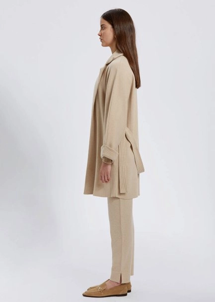 Oversize Self Belted Cashmere Cream Knit Coat - 4