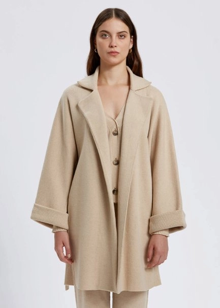 Oversize Self Belted Cashmere Cream Knit Coat - 1