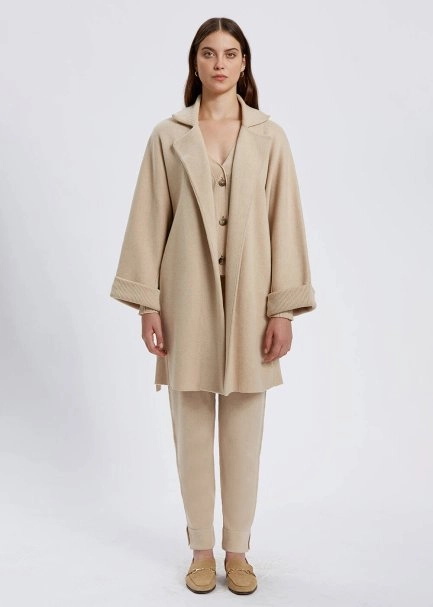 Oversize Self Belted Cashmere Cream Knit Coat - 2
