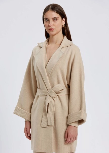 Oversize Self Belted Cashmere Cream Knit Coat - 3