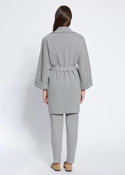 Oversize Self Belted Cashmere Grey Knit Coat - 5