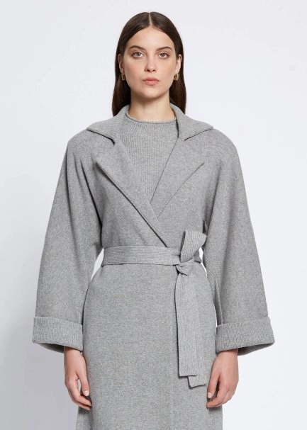 Oversize Self Belted Cashmere Grey Knit Coat - 1
