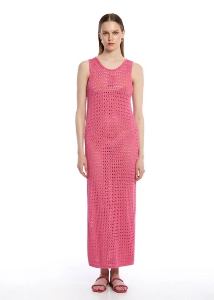 Özel Örgü Detaylı Fuşya Triko Elbise - 1