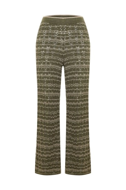 Özel Örgü Detaylı Yeşil Triko Pantolon - 6