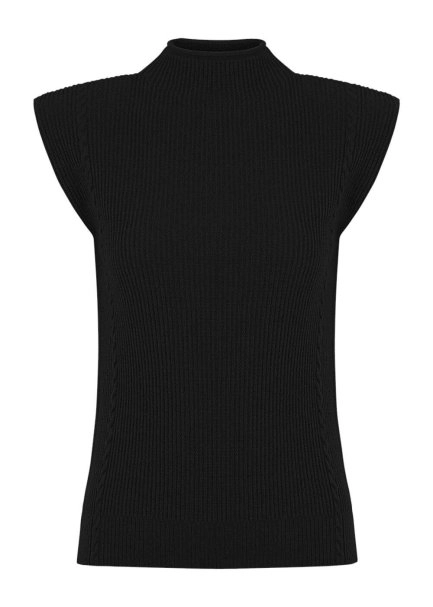 Padded Shoulders Mock Neck Cashmere Black Top - 6