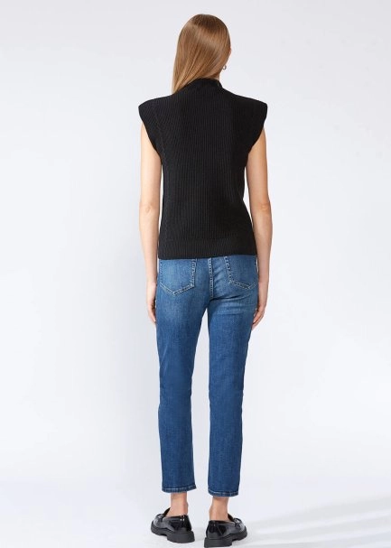Padded Shoulders Mock Neck Cashmere Black Top - 4