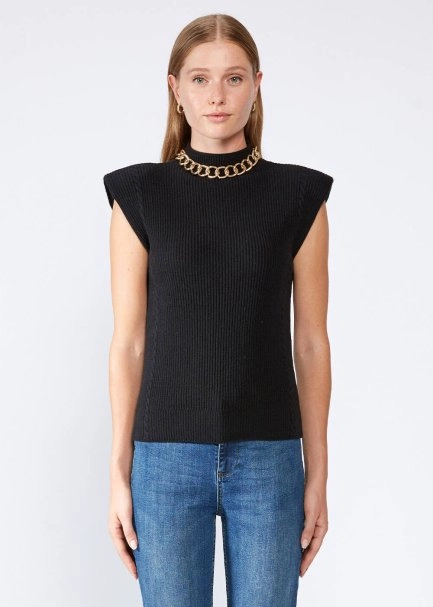 Padded Shoulders Mock Neck Cashmere Black Top - 1