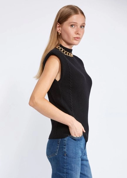 Padded Shoulders Mock Neck Cashmere Black Top - 3