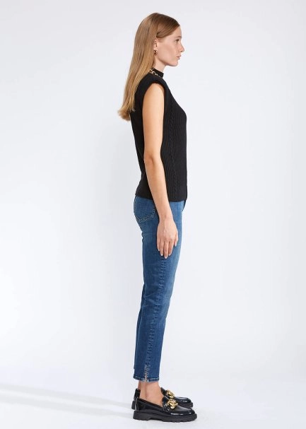 Padded Shoulders Mock Neck Cashmere Black Top - 5