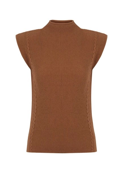 Padded Shoulders Mock Neck Cashmere Camel Top - 6