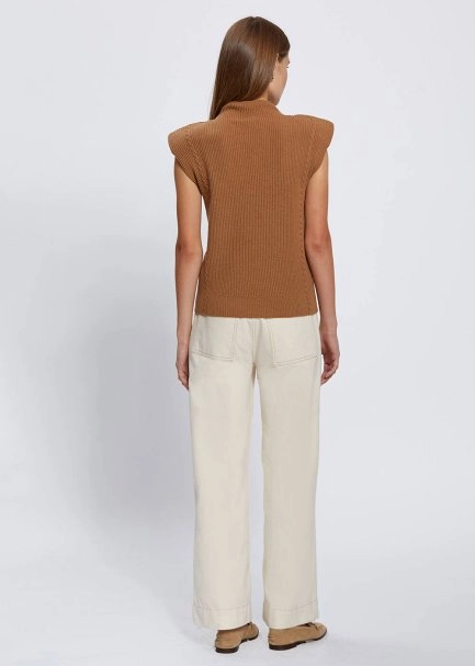 Padded Shoulders Mock Neck Cashmere Camel Top - 5