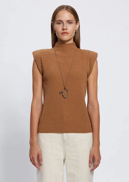 Padded Shoulders Mock Neck Cashmere Camel Top - 1