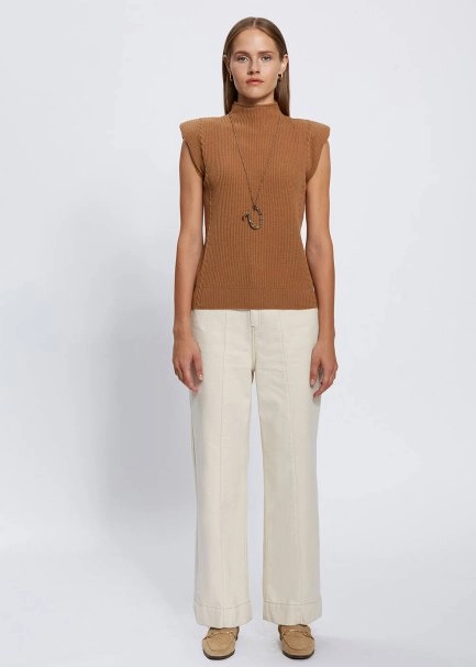 Padded Shoulders Mock Neck Cashmere Camel Top - 2