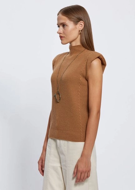 Padded Shoulders Mock Neck Cashmere Camel Top - 3