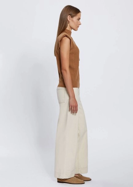 Padded Shoulders Mock Neck Cashmere Camel Top - 4