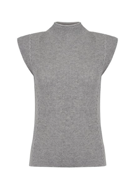 Padded Shoulders Mock Neck Cashmere Grey Knit Top - 6